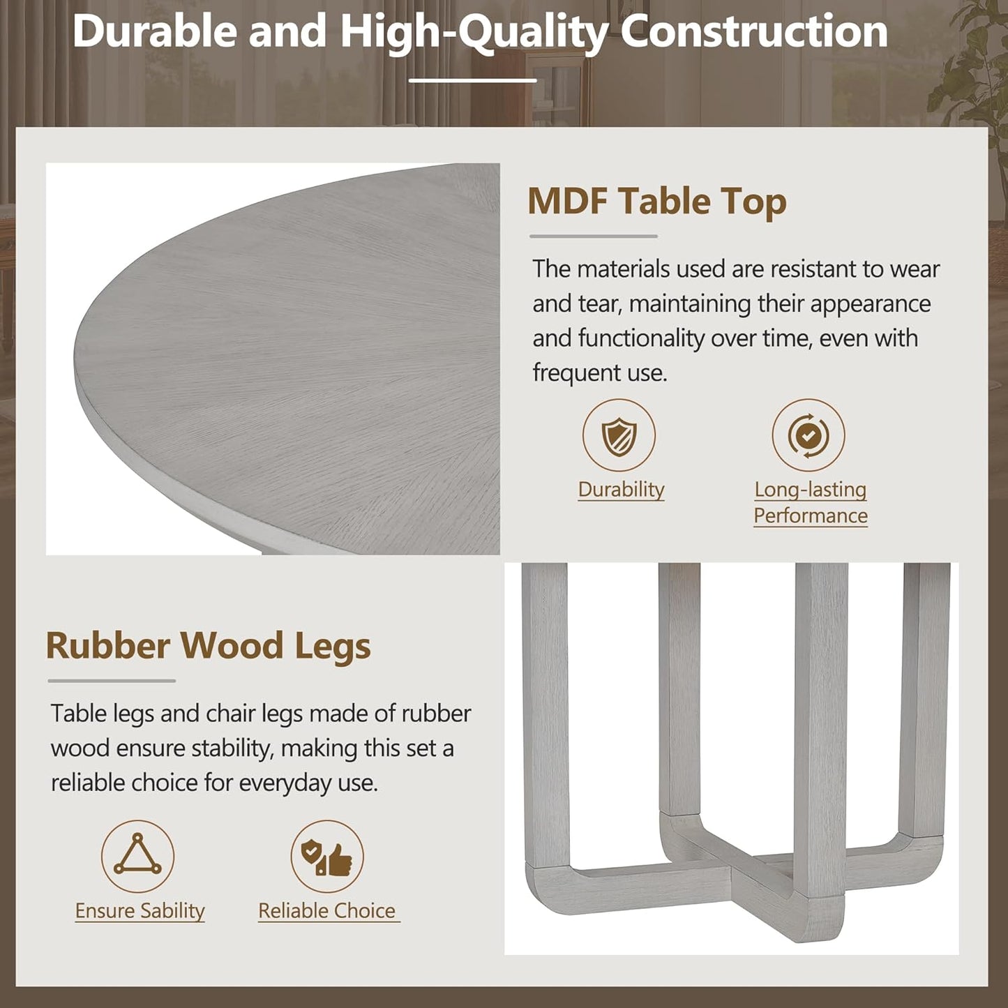 Merax 5-Piece Retro Dining Set, Round Table Top with Radial Wood Grain Design and 4 Upholstered Chairs for Dining Room and Kitchen, Antique Gray