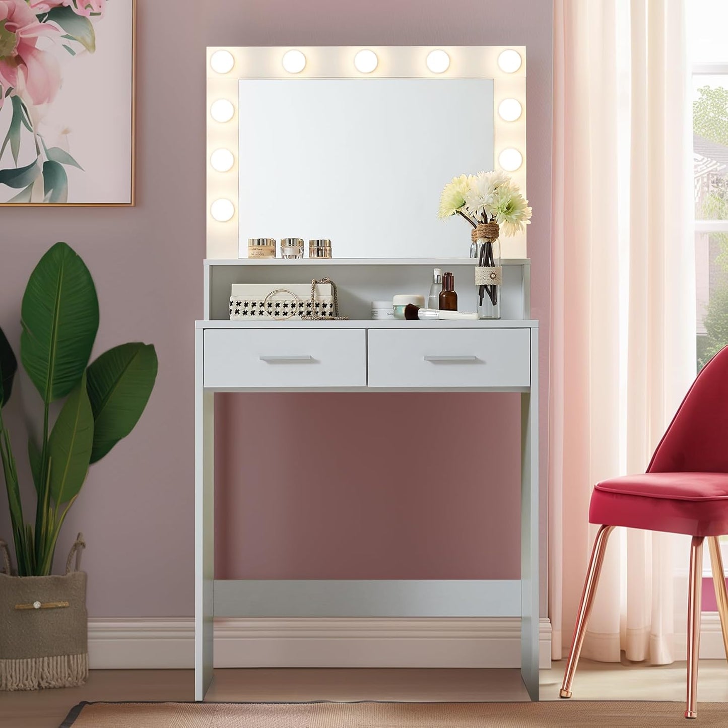 Vanity Desk with Mirror and Lights, Dressing Table with Large Drawer, 2 Level Storage Dresser & 3 Lighting Modes Adjustable Brightness, Suitable for Bedroom