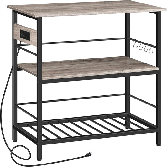 HOOBRO Kitchen Island with Storage, Kitchen Island Table with Power Outlet, 3 Tier Coffee Station and Microwave Stand, for Home, Dining Room, Greige and Black BG021ZD01