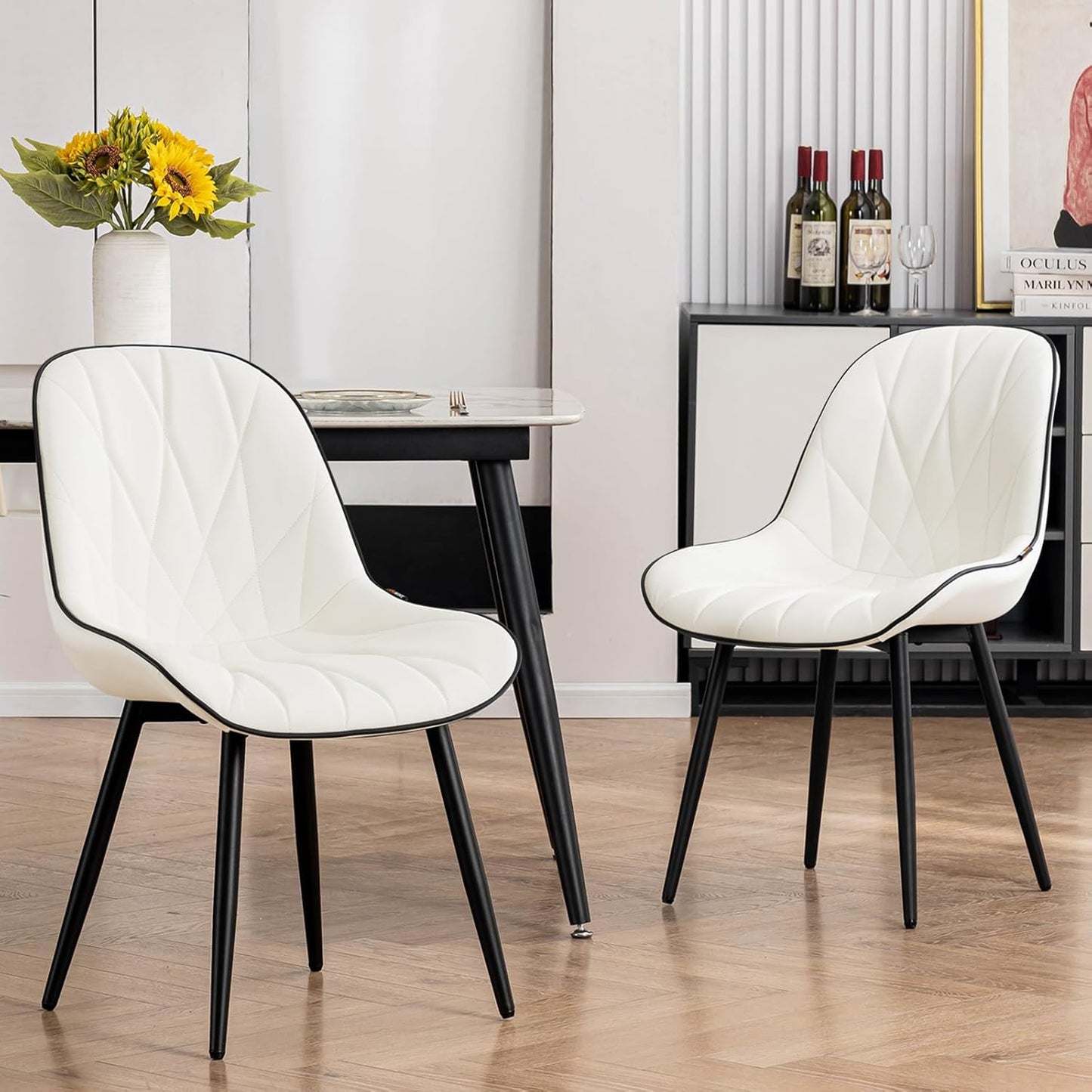 Rowill Modern Dining Chairs Set of 2 - White Faux Leather Upholstered Kitchen Chairs with Soft Cushion Backrest, Sturdy Metal Legs & Non-Slip Pads, Suitable for Home Dining Room, Kitchen