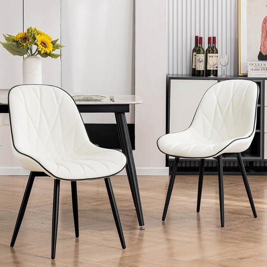 Rowill Modern Dining Chairs Set of 2 - White Faux Leather Upholstered Kitchen Chairs with Soft Cushion Backrest, Sturdy Metal Legs & Non-Slip Pads, Suitable for Home Dining Room, Kitchen
