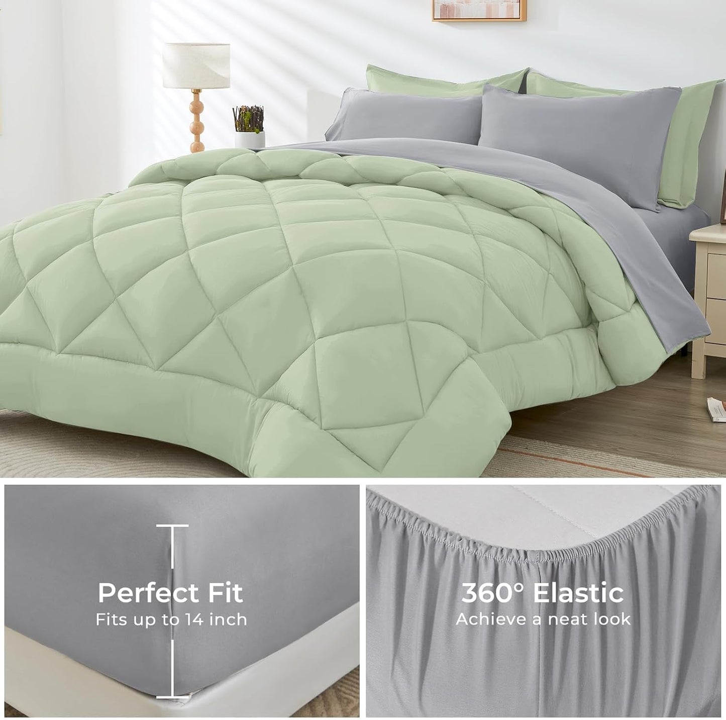 HEVUMYI Twin-XL Comforter Set - 5-Piece All Season Bed in a Bag Twin-XL, Ultra Soft Bedding Set with Comforter, Flat Sheet, Fitted Sheet, Pillowcases, Pillow Shams, Sage Green & Light Grey