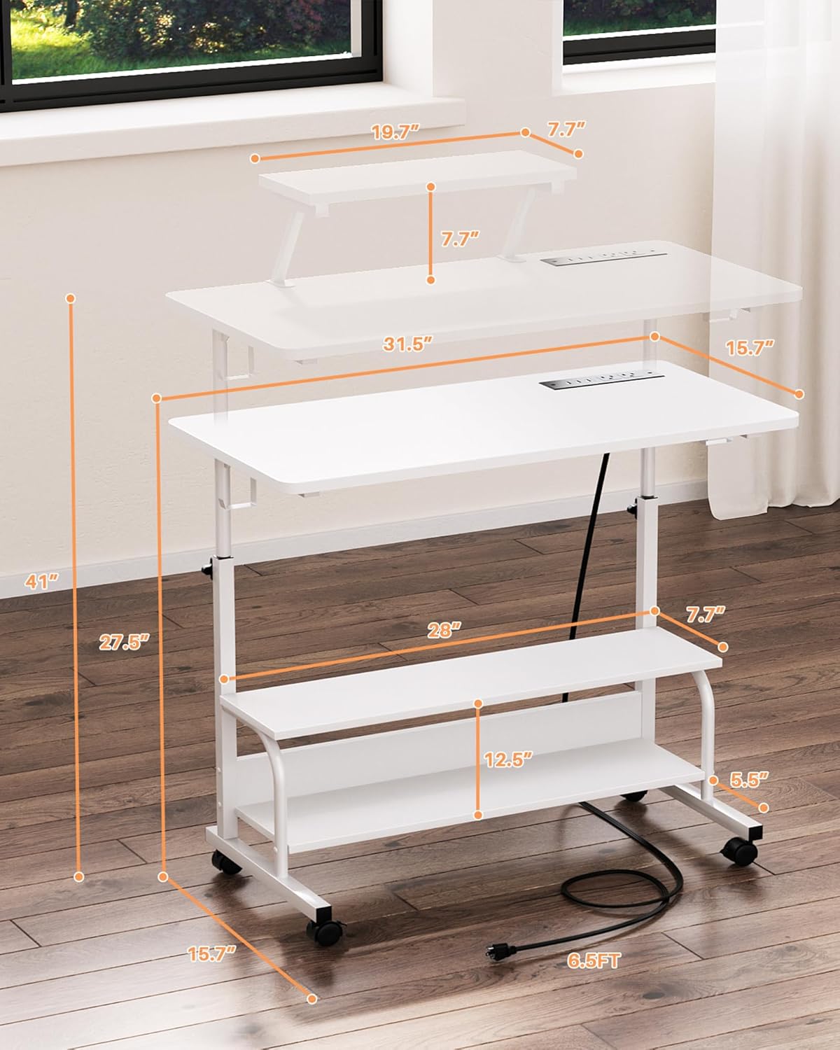 Height Adjustable Standing Desk with Power Outlets and LED Lights - 32" Manual Stand Up Desk with Monitor Stand and Storage Shelves Small Mobile Rolling Computer Desk Portable Laptop Table, White