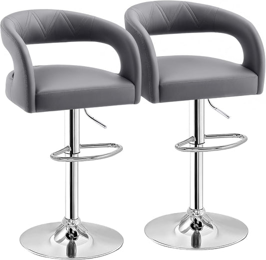 VECELO Bar Stools Set of 2 Adjustable Swivel Modern Pu Leather Barstools, Counter Bar Stools with Back and Arms, for Kitchen, Bar (Light Gry)
