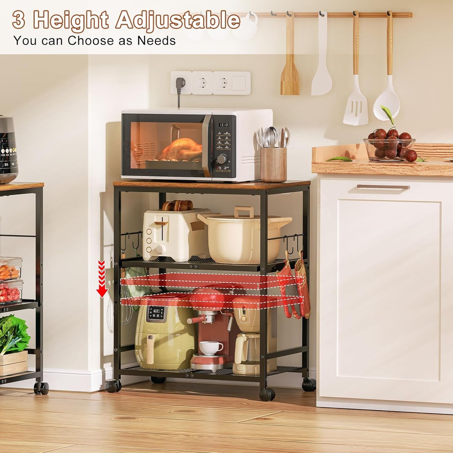 Microwave Cart with Adjustable Drawer Slider Shelves, 3 Tier Rolling Kitchen Microwave Stand with Storage, Small Kitchen Utility Cart on Lockable Wheels, Coffee Cart with Hooks