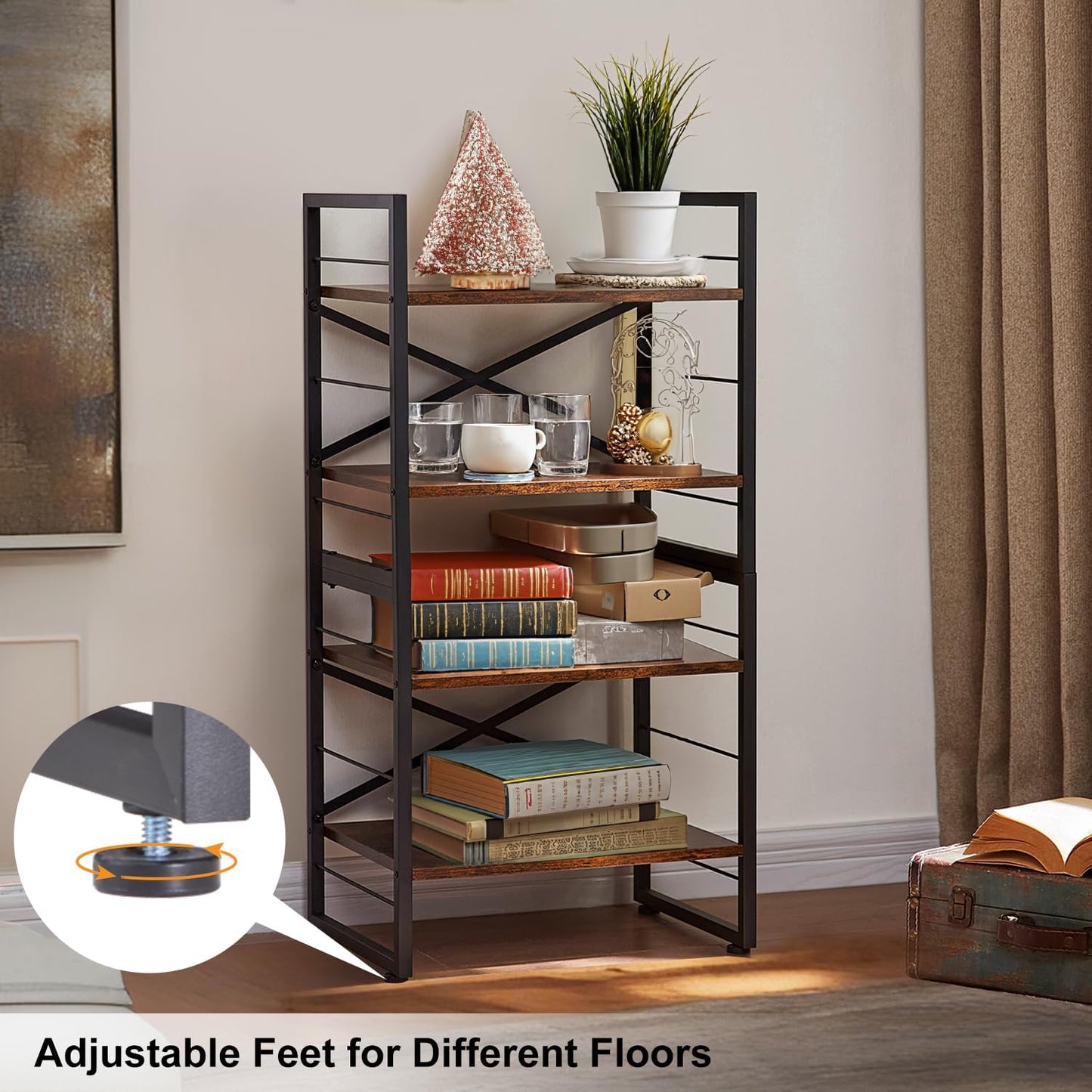 4 Shelf Bookshelf,Metal＆Wood Short Book Shelf,Small Bookcase for Small Spaces Bedroom Office Kitchen Living Room (Black,11.2"x 16.4"x 31.9")