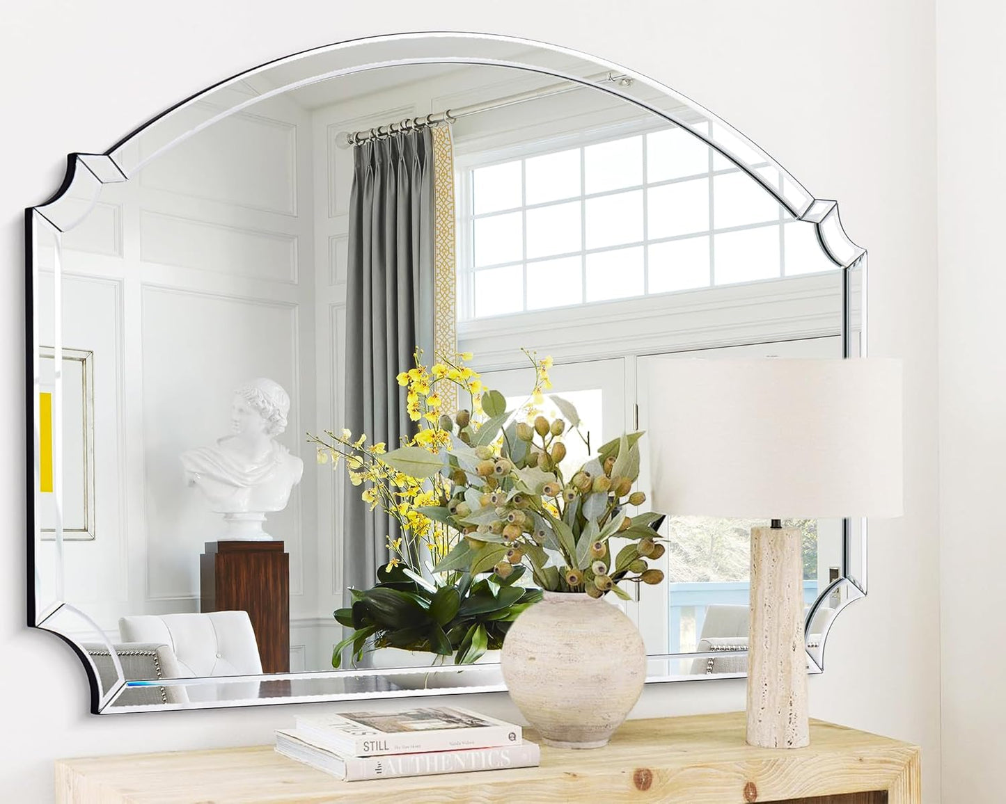 Chende Large Arched Wall Mirror with Glass Beveled Frame&Wood Backboard, 31.5" X 47.2" Horizontal Decorative Mirror Scalloped Corner for Bathroom, Living Room, Entryway, Bedroom