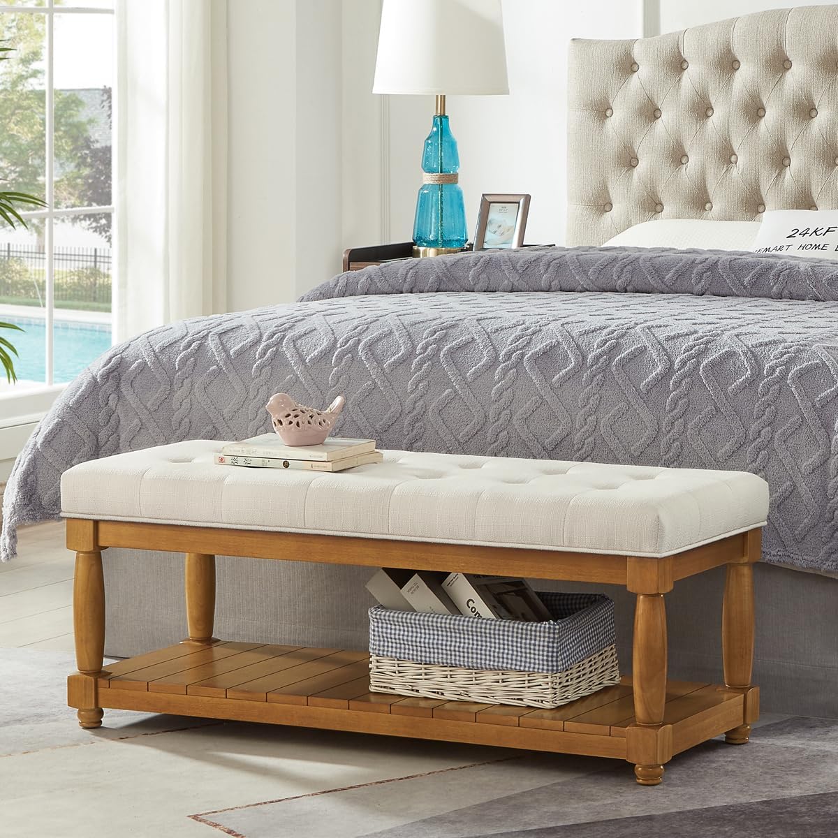24KF Large Rectangular Upholstered Tufted Bed Bench, Linen Fabric Storage Ottoman Bench for Living Room, Padded Entryway Bench with Solid Wood Shelf,5098-Ivory