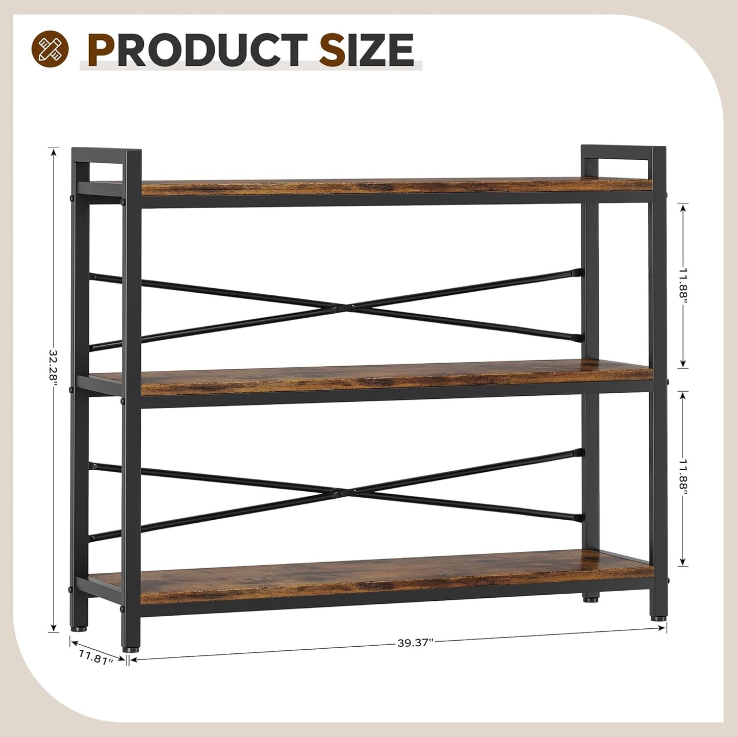 3 Tier Bookshelf 39.37" Width, Dorm Desk Hutch, Desk Shelf, Long Industrial Bookcase, Wooden Large Book Shelf for School Home Living Room Bedroom Office Storage(Vintage)