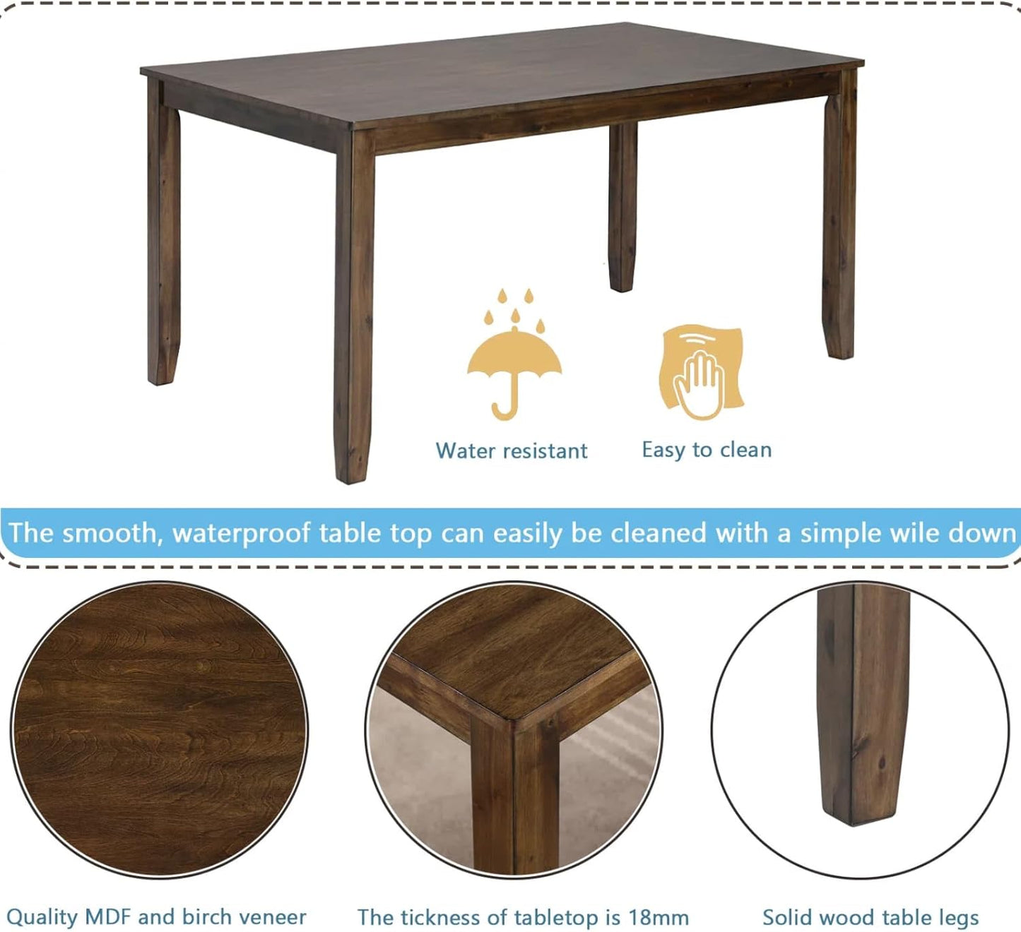 Dining Table for 4, Wooden Rectangular Kitchen Table with Natural Woodgrain Finish, 45.5" MDF Modern Dining Table with Solid Wood Tapered Legs and Rounded Corners, Easy Assembly, Walnut