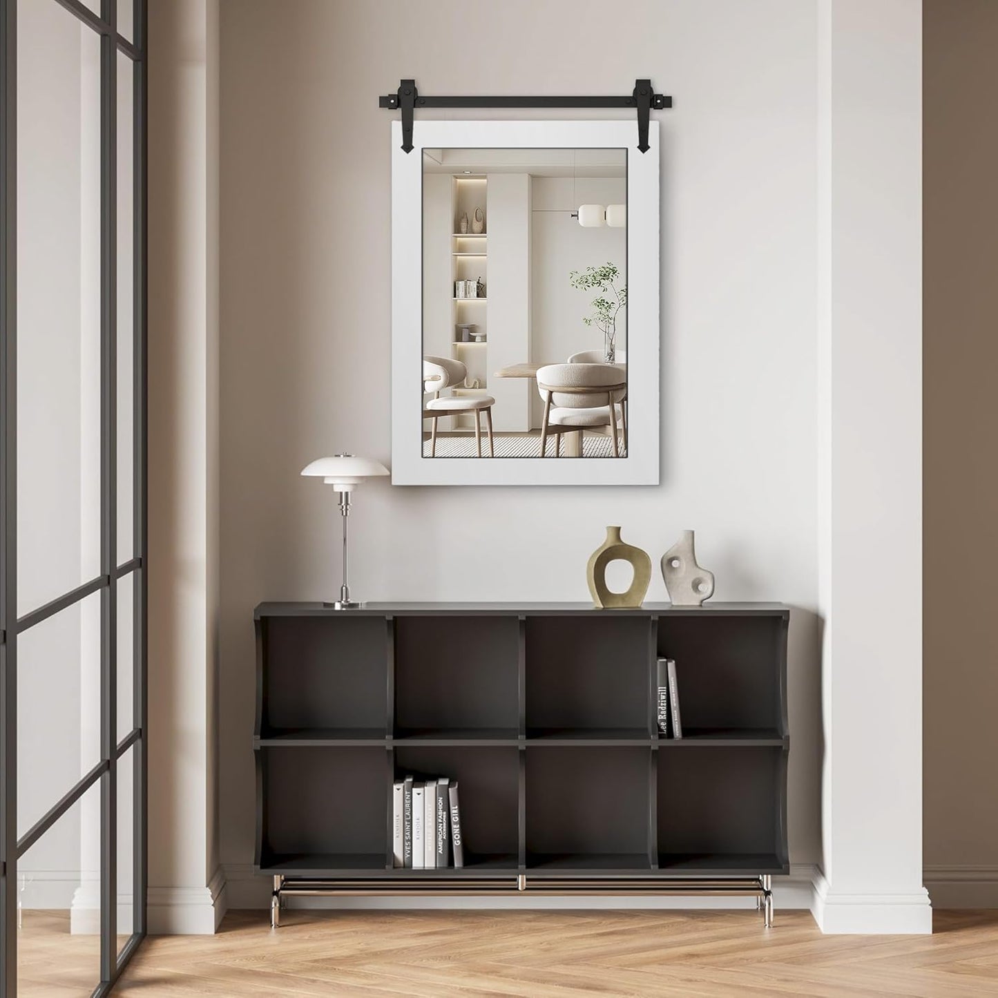 Farmhouse Bathroom Mirror for Over Sink 22”x32” Wood Frame Rustic Barn Door Bathroom Vanity Mirror, Wall Mirror for Bathroom, Living Room, Bedroom, Entryway (Bright White)