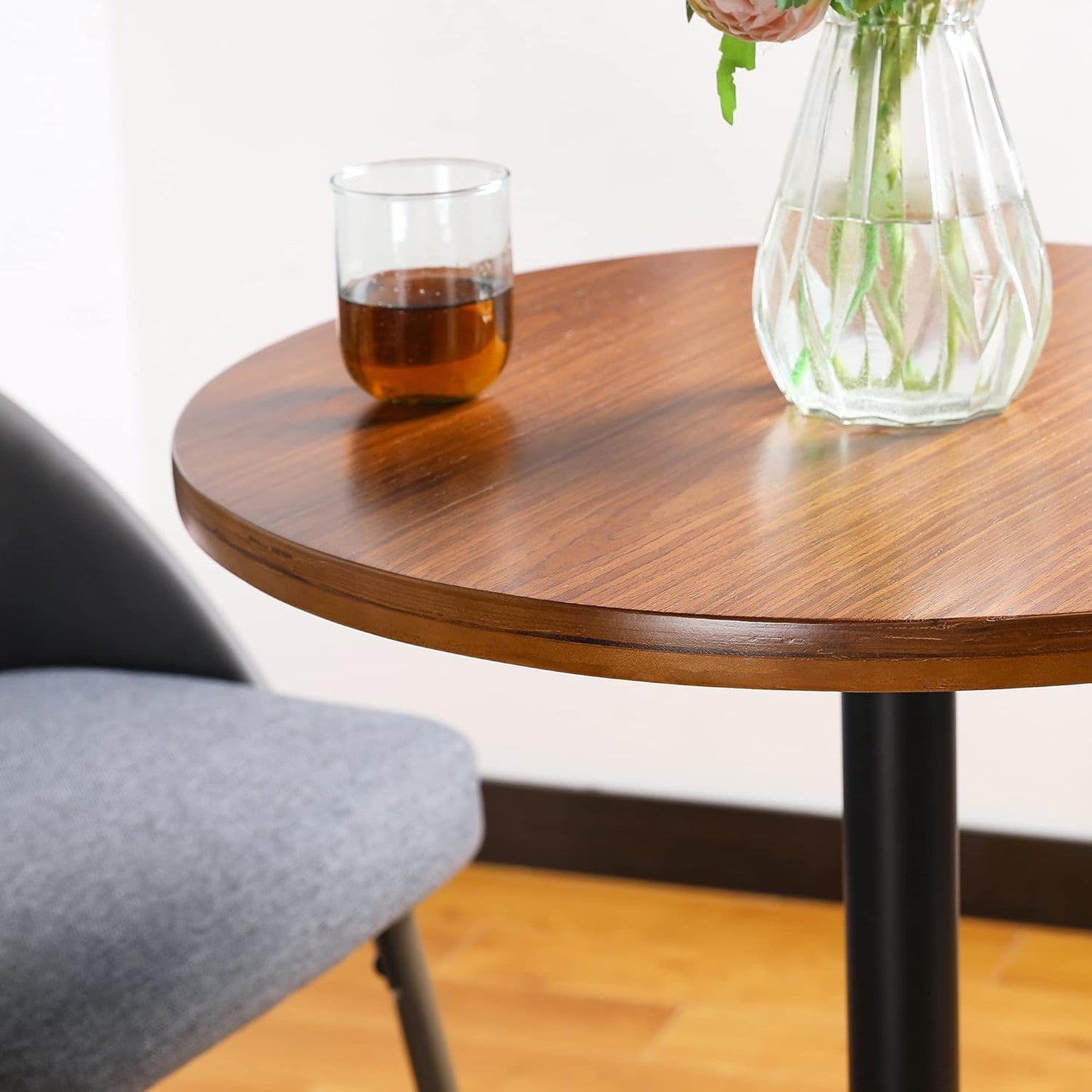 Glitzhome 39.5" H Round Pub Bistro Table, Round Bar Table Wood Top with Black Metal Leg and Base, Walnut Veneer Finish Cocktail Top Tall Table for Kitchen Island,Furniture (Walnut)