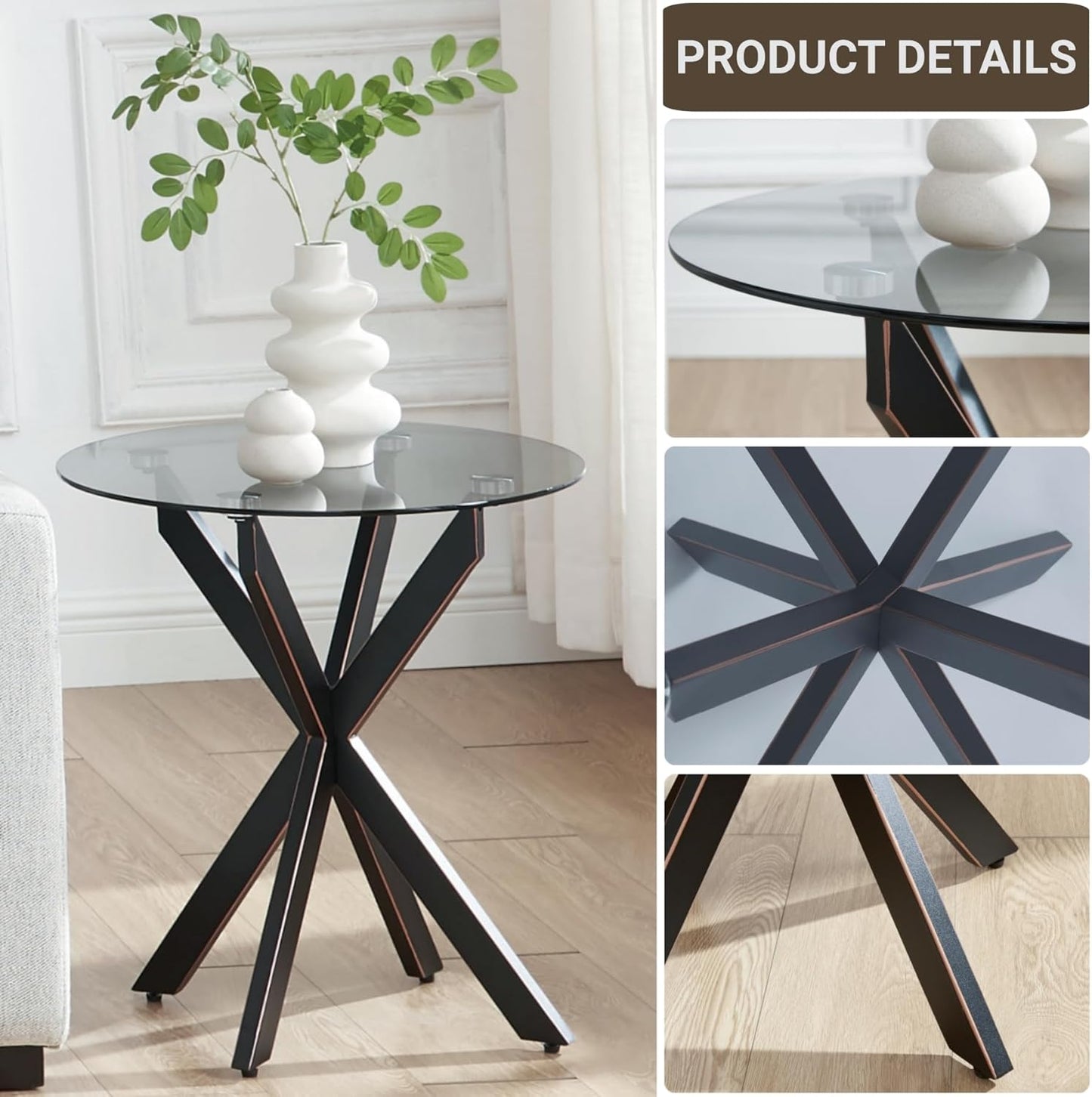 Modern Glass End Table, Small Round Side Table for Couch, Sofa Table with Grey Tempered Glass Top for Living Room, Bedroom, Bedside, 19.7" Wx21.7 H Black