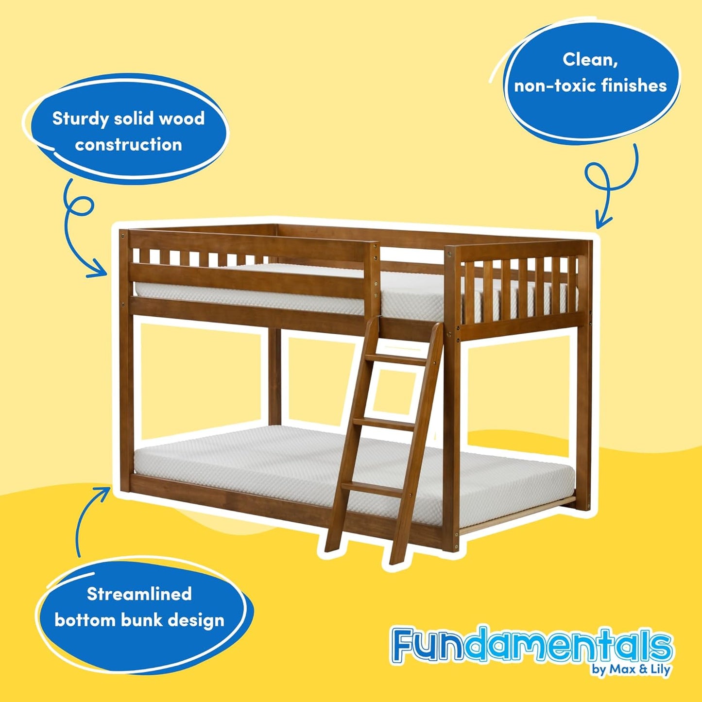 Max & Lily Fundamental Twin Low Bunk Bed, Kids Solid Wood Modern Bed Frame with Strong Wooden Slats, Non-Toxic Finishes, High Weight Capacity, Pecan