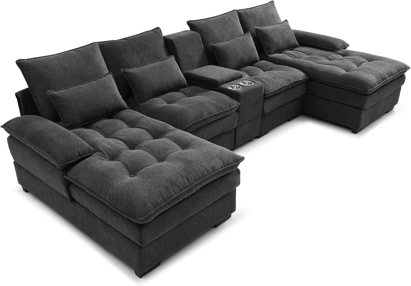 KEIKI 130" U-Shaped 6 seat Sofa with Storage Console, Cup Holders, Upholstered Sectional Sofa, Button Tufted Cloud Cushion Couch for Home, Office, Apartment, Gray