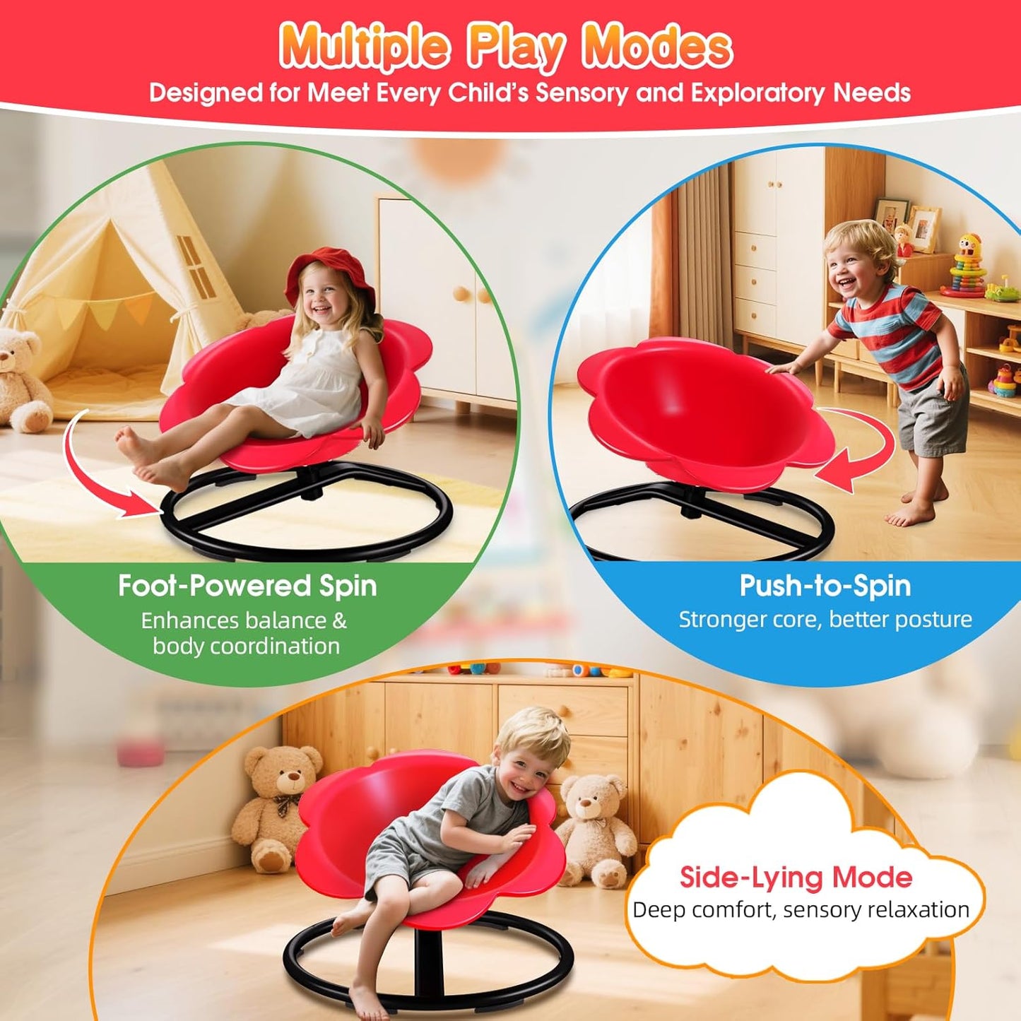 Lucky Flower Spinning Chair for Autism Kids, Sensory Swivel Chair Training Body Coordination, Sit and Spin Autism & ADHD Sensory Toys for Kids, Sensory Products Toys for Ages 3+ (Red)