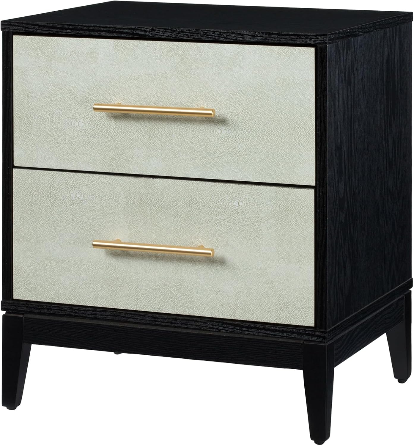 Sango Shagreen 2-Drawer Nightstand, Modern Black Bedside Table with Gray Faux Shagreen Drawer Fronts, Brass Handles, Sturdy Legs, Elegant Storage for Contemporary & Luxury Homes