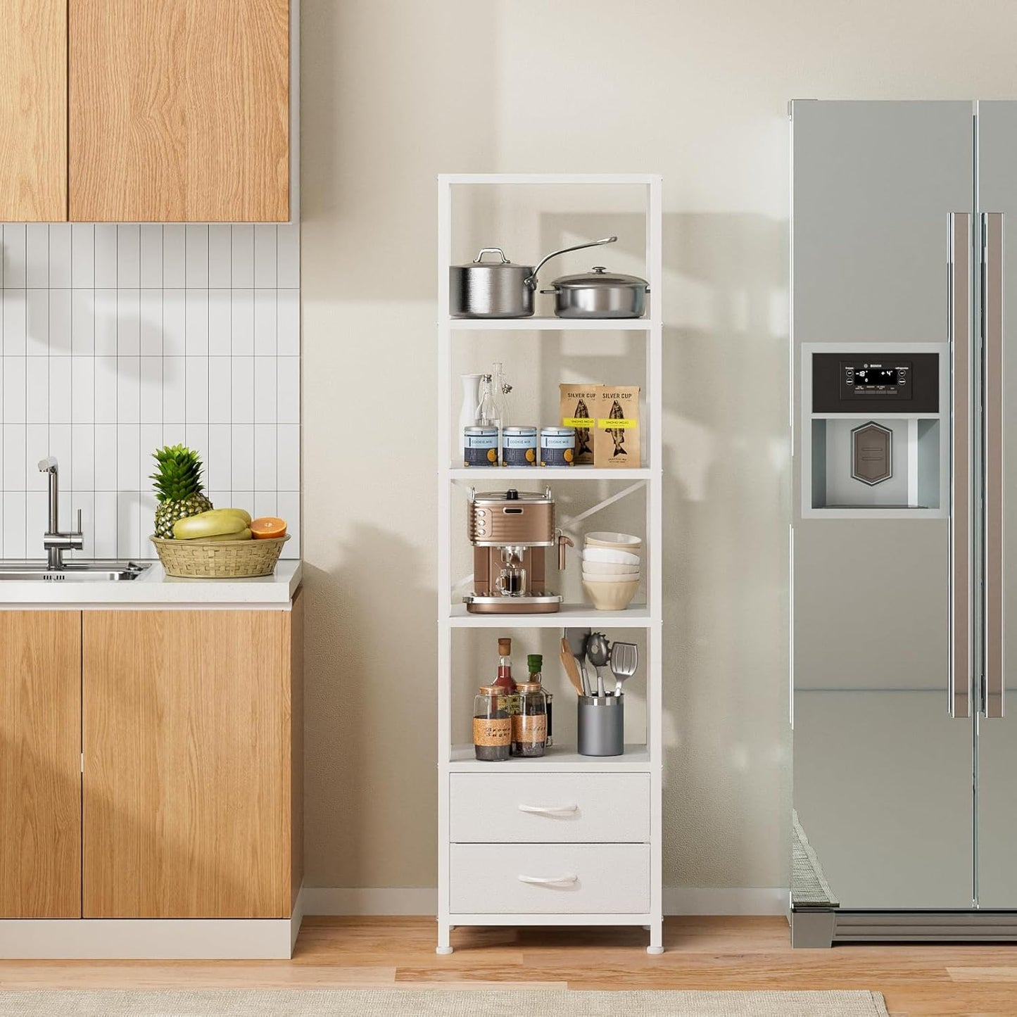 Furnulem 5-Tier Corner Shelf, Narrow Bookshelf with 2 Storage Drawers, Tall Bookcase, Wood Display Standing Shelf Organizer Unit for Living Room, Bedroom, Metal Frame(White)