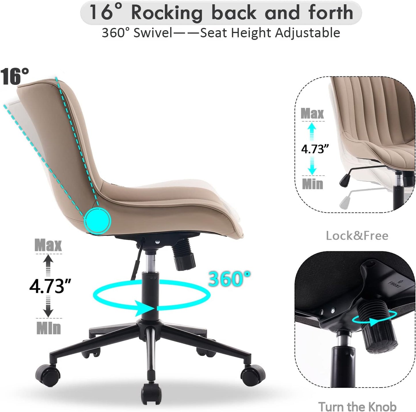 YOUNIKE Khaki Comfy Home Office Desk Chair with Wheels Armless Vanity Chair with Back Ergonomic Modern Leather Upholstered Rolling Task Chair Small Cute Sewing Chair No Arms Wide Swivel Adjustable