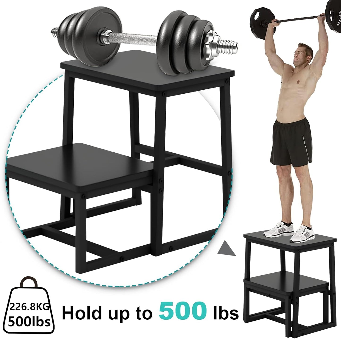 Step Stool for Adults,Holds up to 500Lb,3 in1 Heavy Duty Sturdy Two Step Stool for Kichen/Bathroom/High beds, Wooden&Metal Frame, Non-Slip Pads