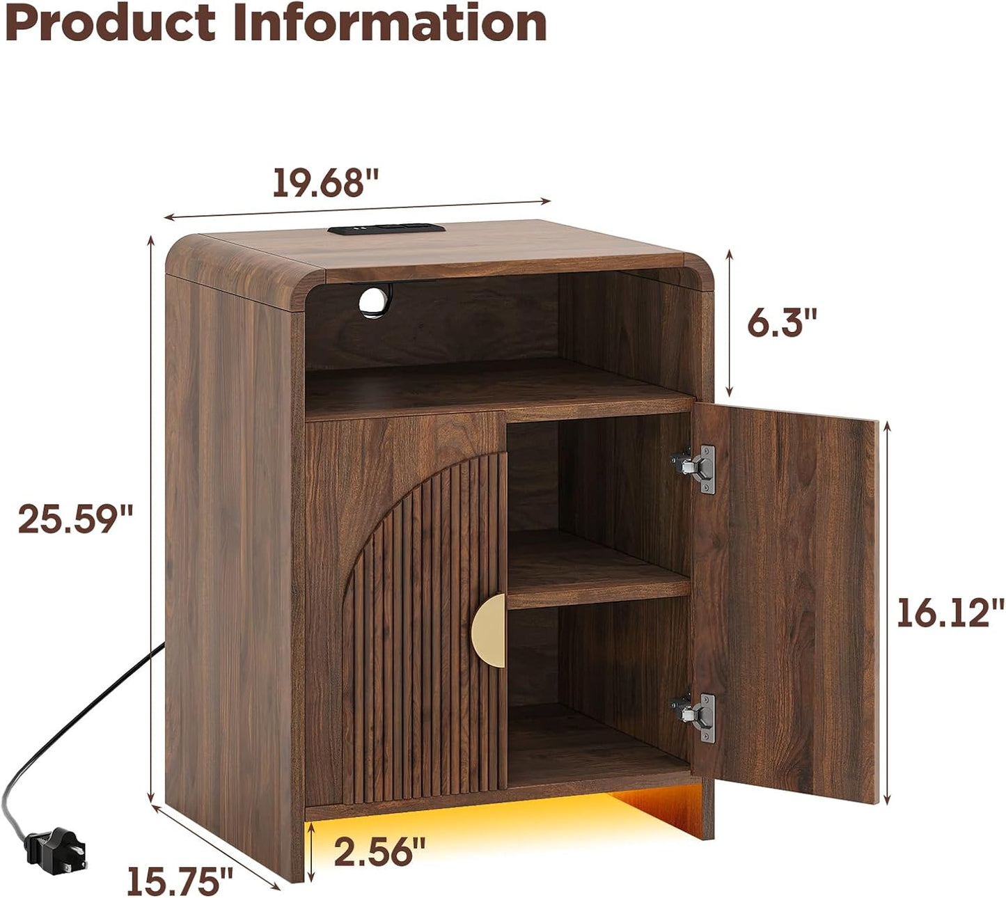 Nightstand with Charging Station and LED Lights, Night Stands with Adjustable Storage Cabinet, Modern Side Table with Fluted Doors and Open Storage, Bedside Table for Bedroom, Walnut