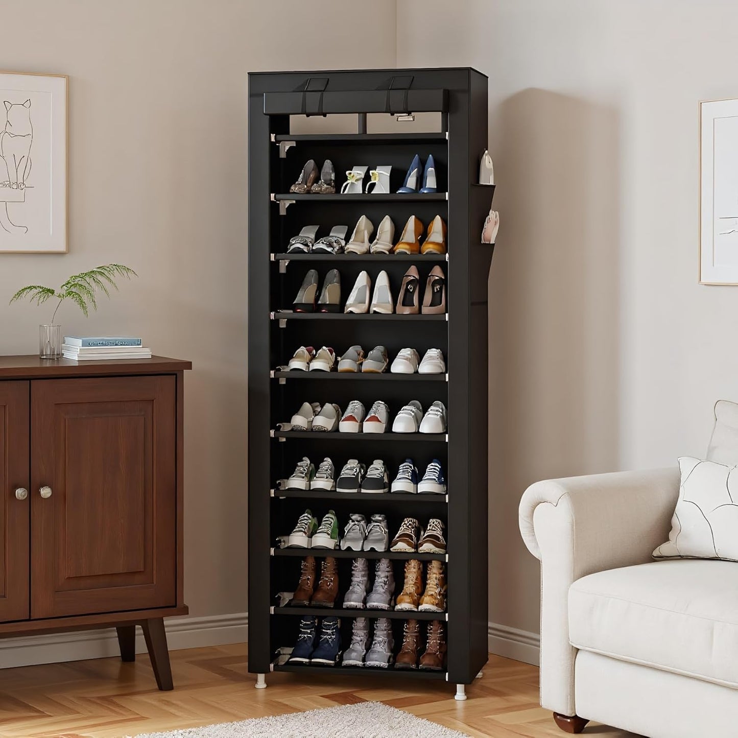UDEAR 10-Tier Free Standing Shoe Rack Sturdy Shoe Rack Organizer for Closet Entryway Stackable Shoe Shelf with Dustproof Cover,Black