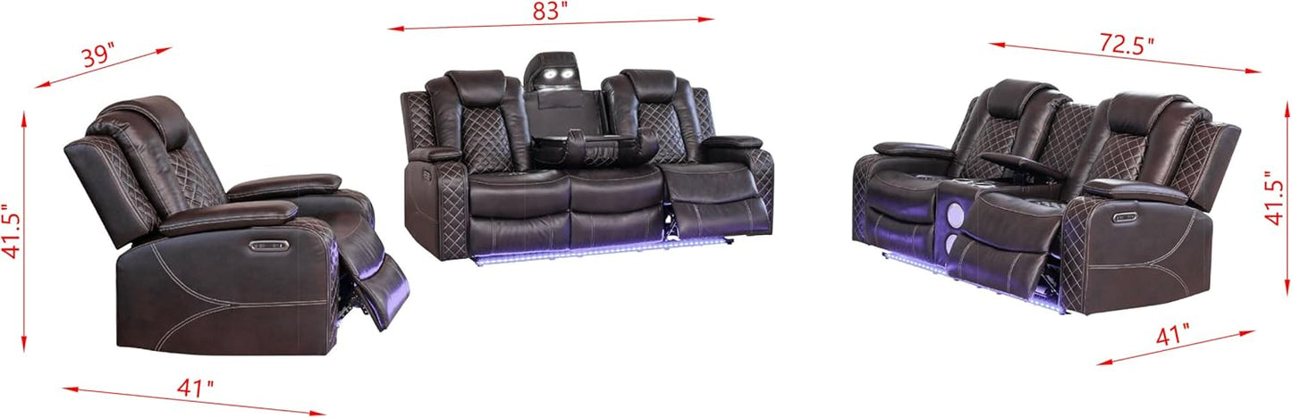 Ball & Cast Power Recliner Sofa Set Leather Reclining Sofa Set Living Room Furniture Set 3PCS Recliner Couch Loveseat & Chair Sets with Coffee Table,Reading Light,Cup Holders for Home Theater Seating