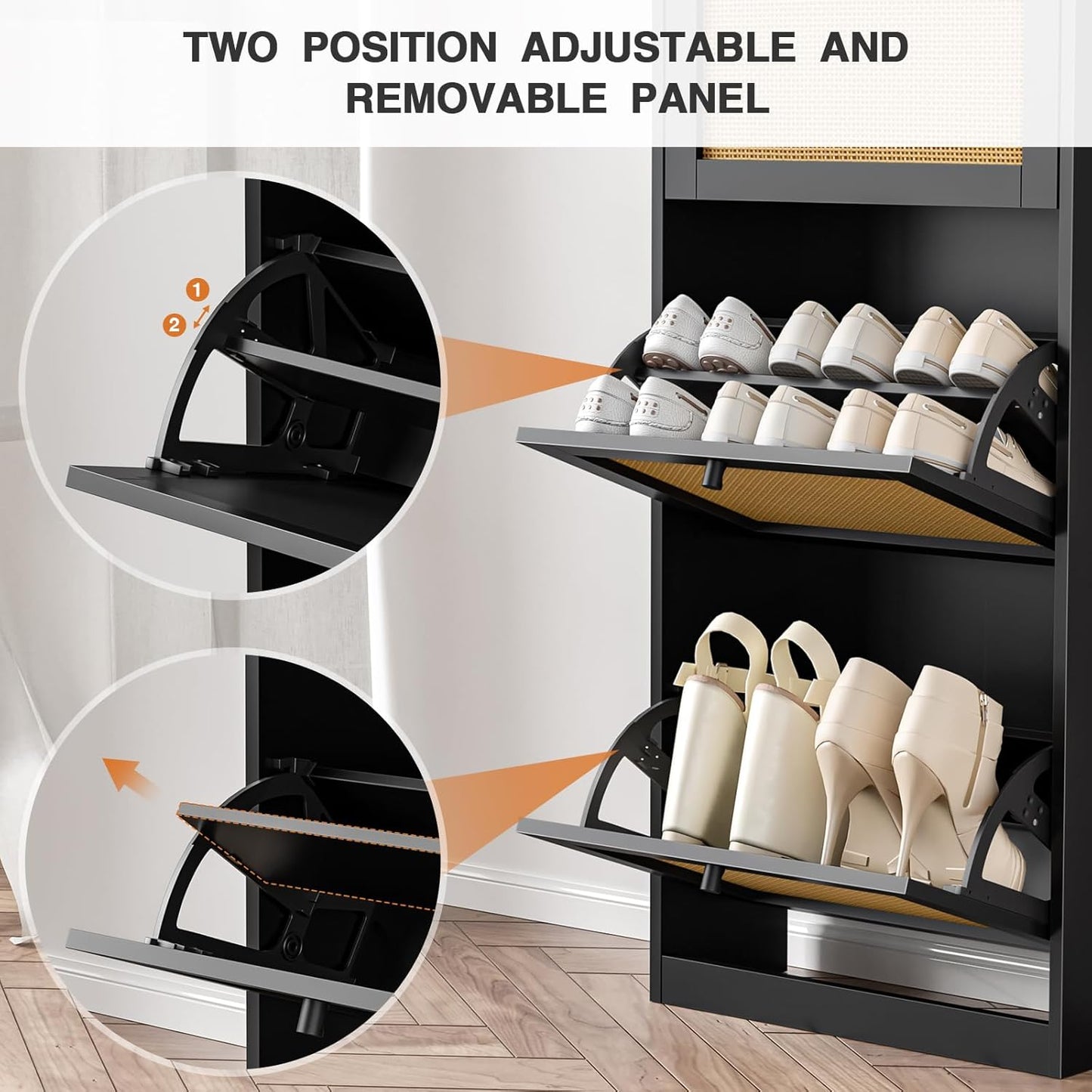 Rattan Shoe Cabinet 3-Tier, Narrow Shoe Cabinet with 3 Flip Drawers and Adjustable Shelves,Entryway Black Shoe Organizer with Removable Shelves for Hallway, Entrance
