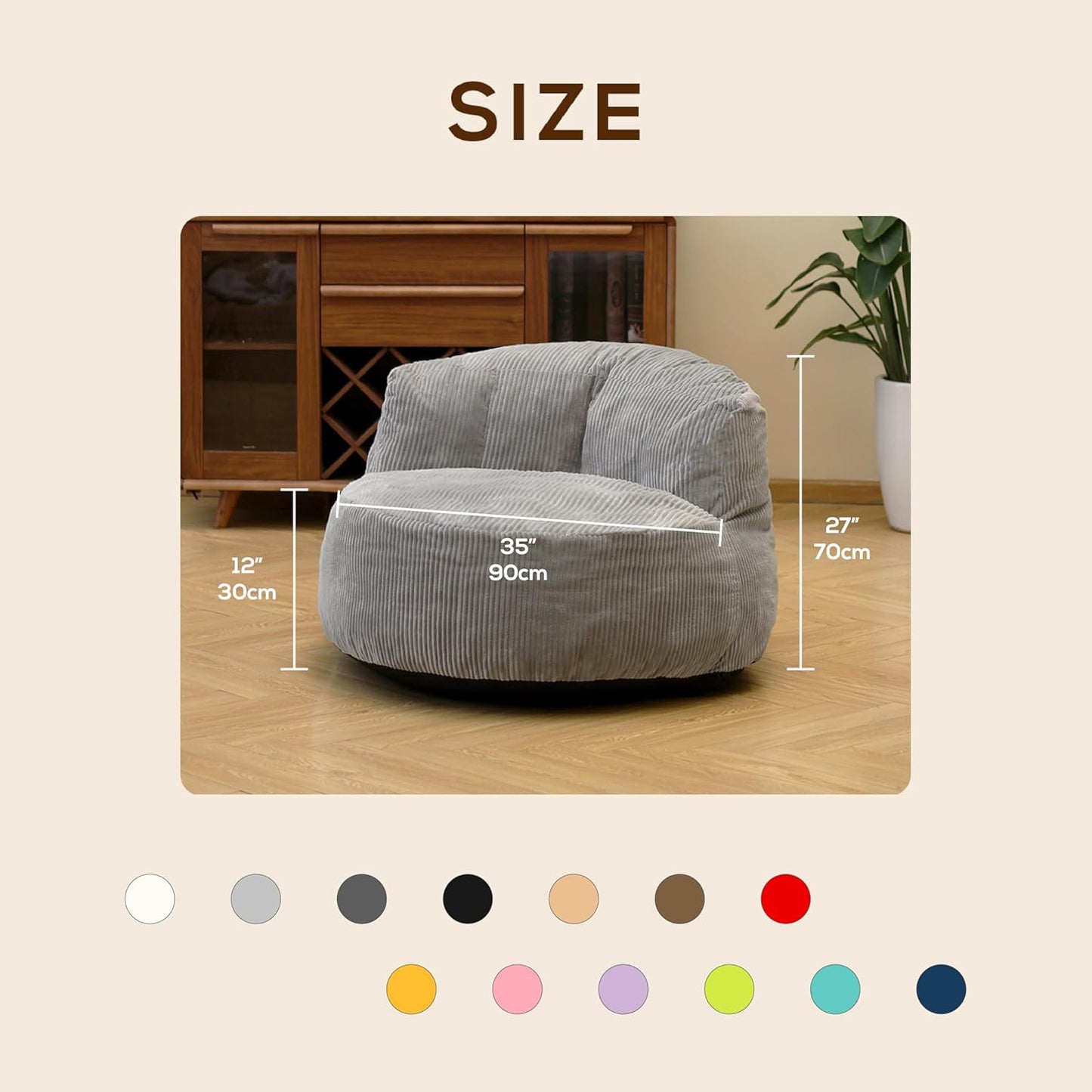 N&V Large Crescent Bean Bag Chair, Adult Size Bean Bag Sack, Foam Filling, Soft Premium Corduroy Bean Bag for Living Room Bedroom Dorm and Office (Ivory)