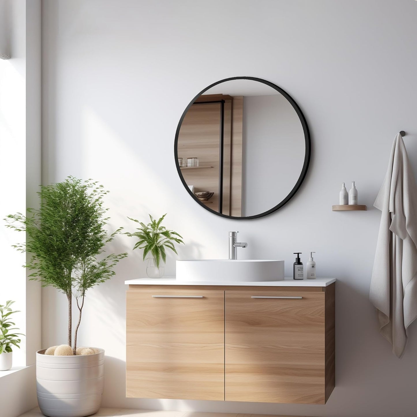 Circle Mirror, Black Round Mirror 20 Inch Round Bathroom Mirror Small Round Mirrors for Wall Decor Frosted Metal Frame Anti-Rust Tempered Glass Mirror for Bedroom Living Room Decorative