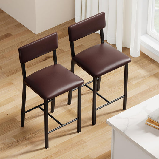 Garvee Bar Stools Set of 2, Kitchen Barstools with Thick Cushion, 25 Inch Counter Height Bar Stools with Backrest and Footrest, for Dining Room, Kitchen Island Counter Chairs, Retro Brown