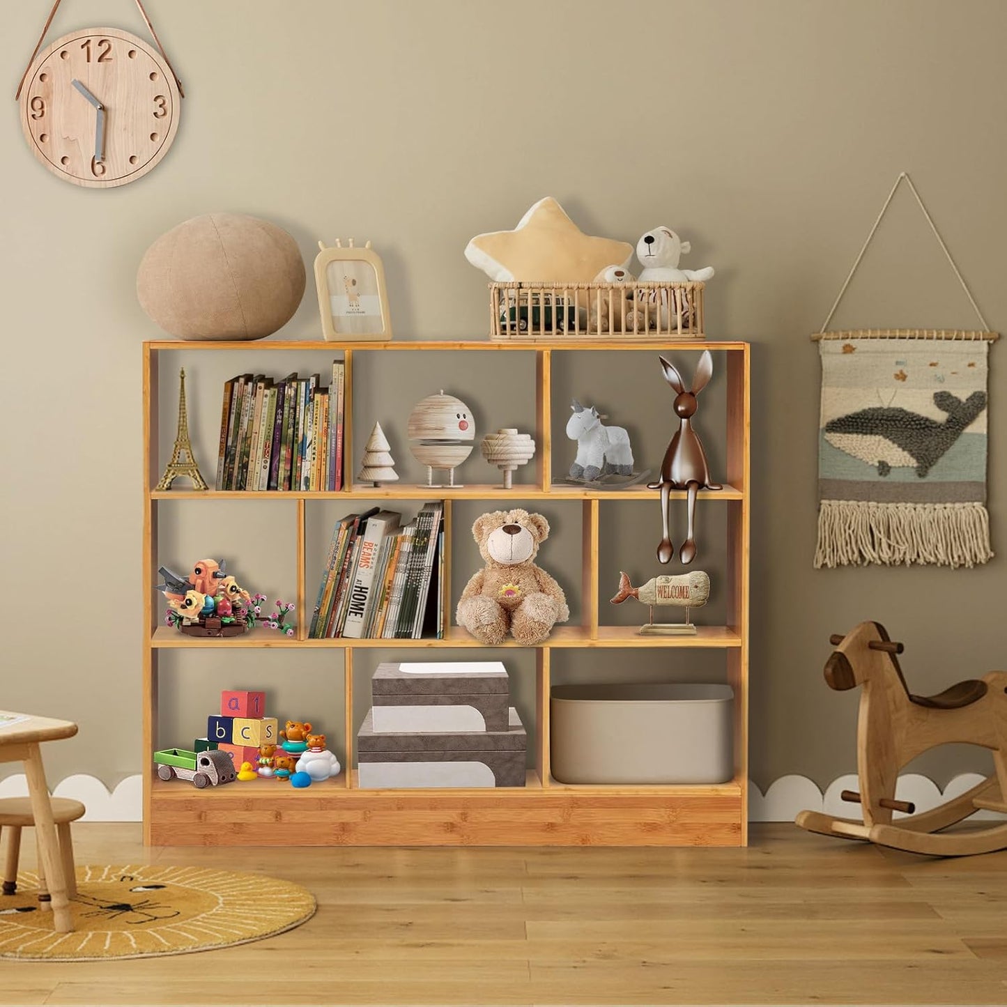 Maydear 47.24” Bamboo Bookshelf, 10 Cube Bookshelf with Base 3 Tier Open Shelf Bookcases, Freestanding Book Storage Organizer Display Shelf for Bedroom, Living Room, Home Office