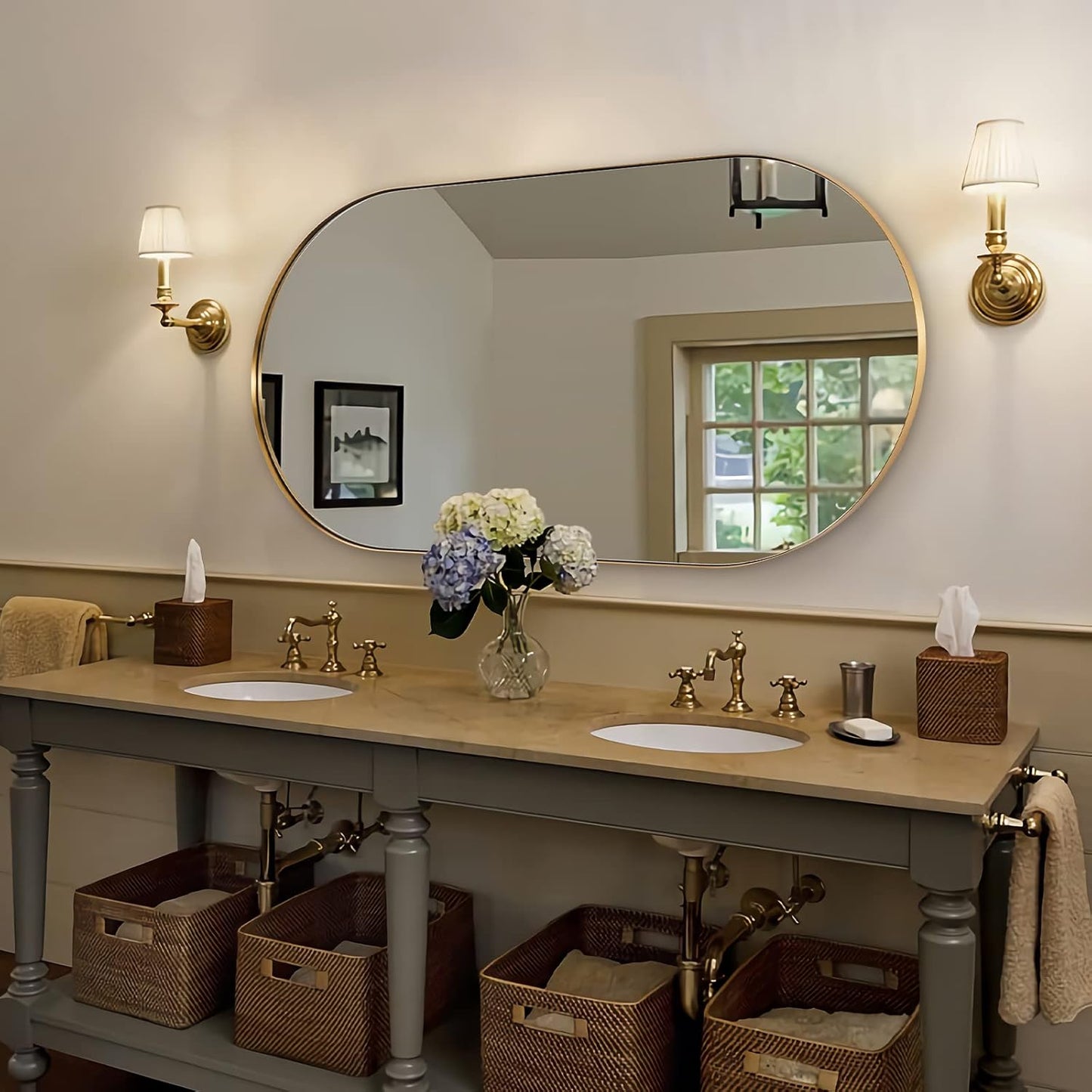 ANDY STAR Gold Bathroom Mirror 60 x 30 Inch, Full Length Mirror, Oval Vanity Mirror, Pill Shaped Mirror in Stainless Steel 1’’ Deep Wall Mounted Vertical/Horizontal