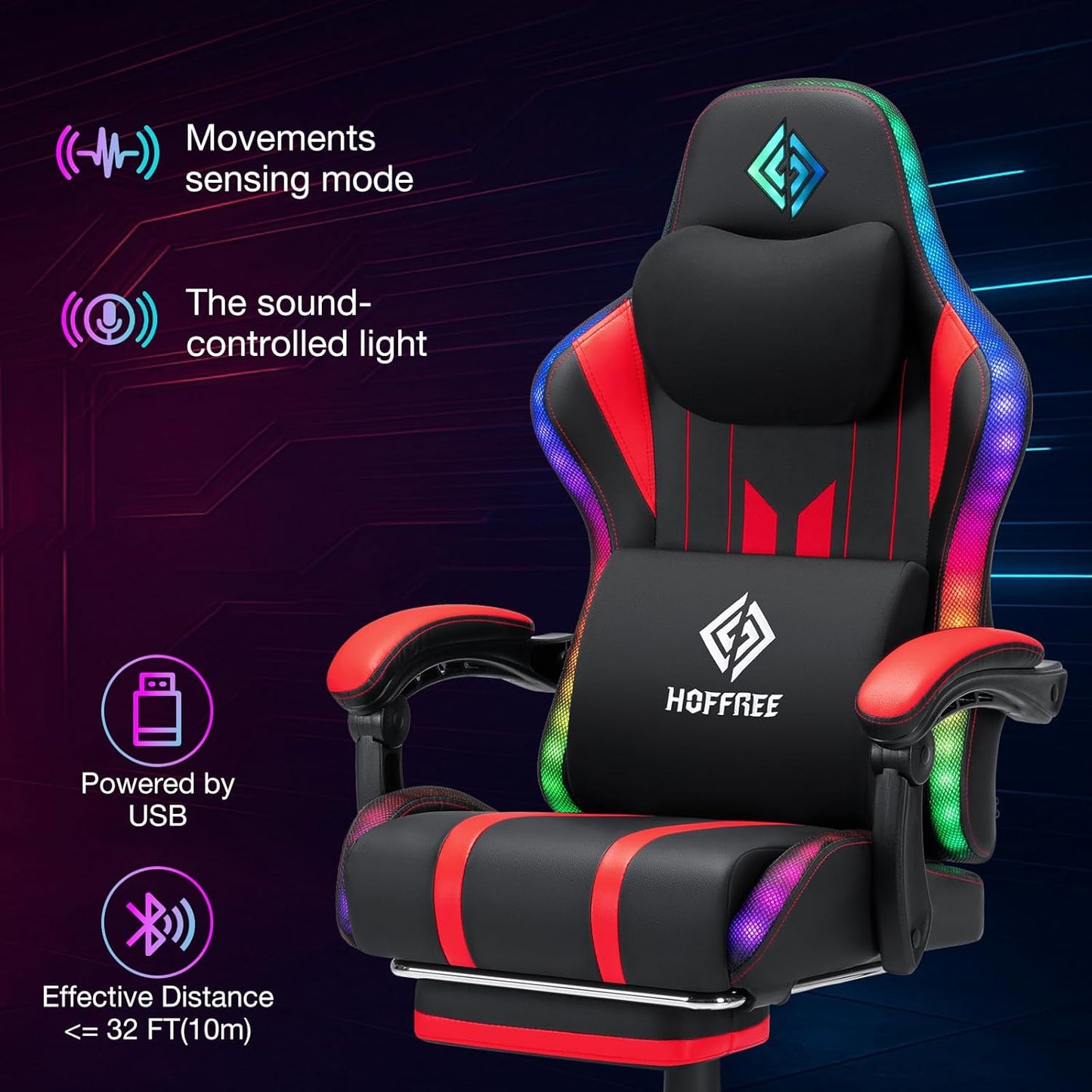 HOFFREE Gaming Chair with Music Rhythm RGB LED Lights and Bluetooth Speakers Ergonomic Massage Computer Gaming Chair with Footrest Video Game Chair High Back with Lumbar Support Red and Black