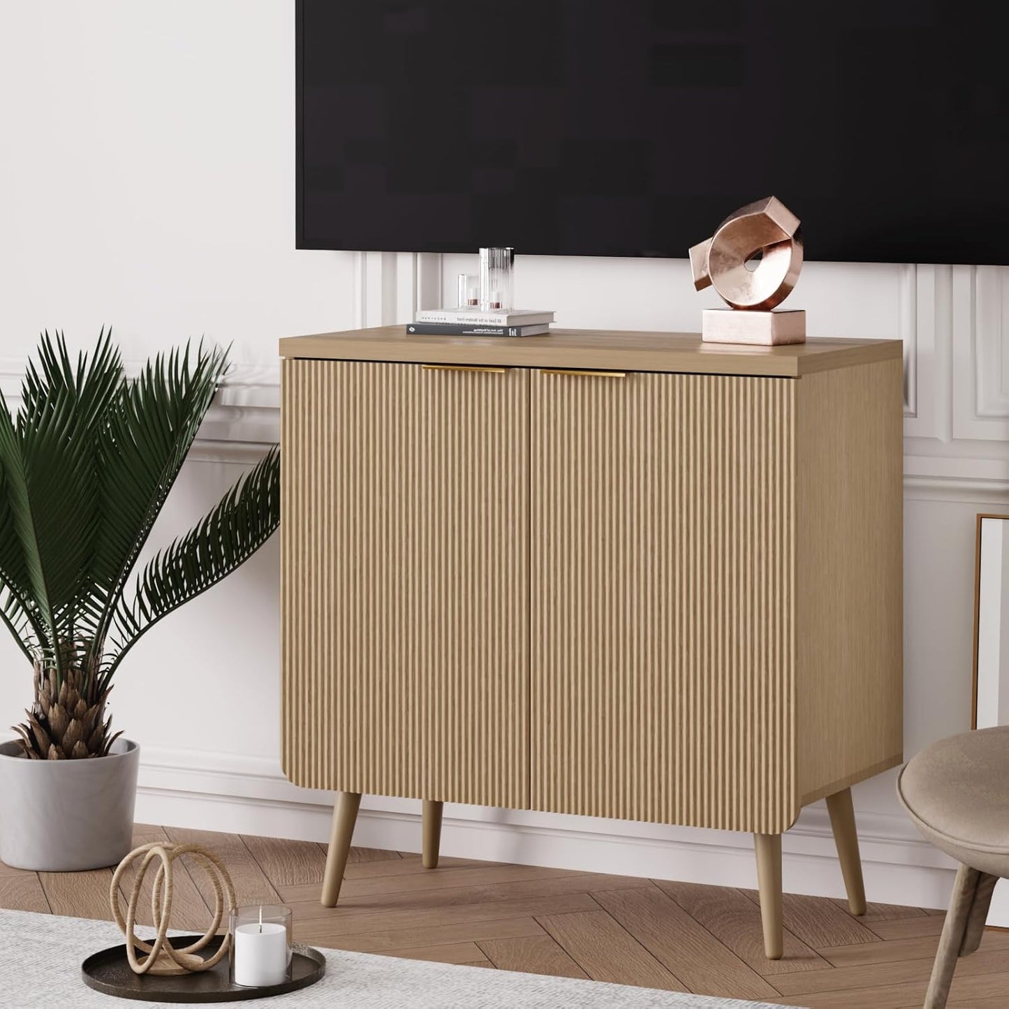 Buffet Cabinet with Storage, Wood Fluted Multifunctional Storage Cabinet with 2 Doors, Sideboard Buffet Credenzas for Living Room, Entryway, Hallway, Natual Oak