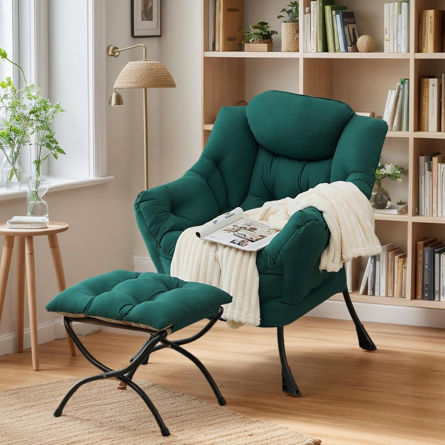 Lazy Chair with Ottoman, Large Modern Lounge Accent Chair with Armrests and Footrest, Reading Armchair with Ottoman, Leisure Sofa Chair for Living Room, Bedroom, Dorm Room(Dark Green