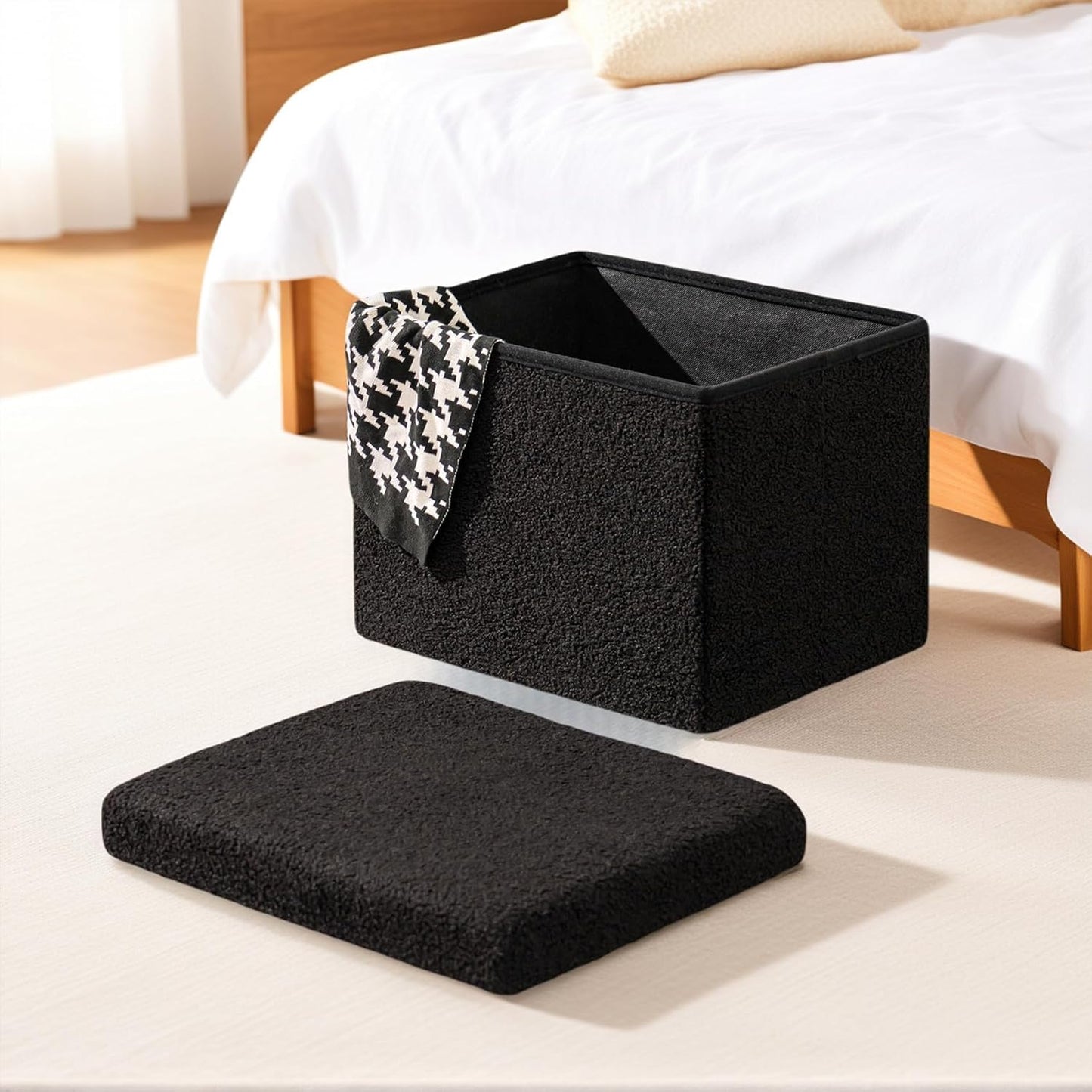 16.5 Folding Storage Ottoman Cube - Small Footrest with Sherpa Top, Multi-Functional Storage for Bedroom, Living Room, Black