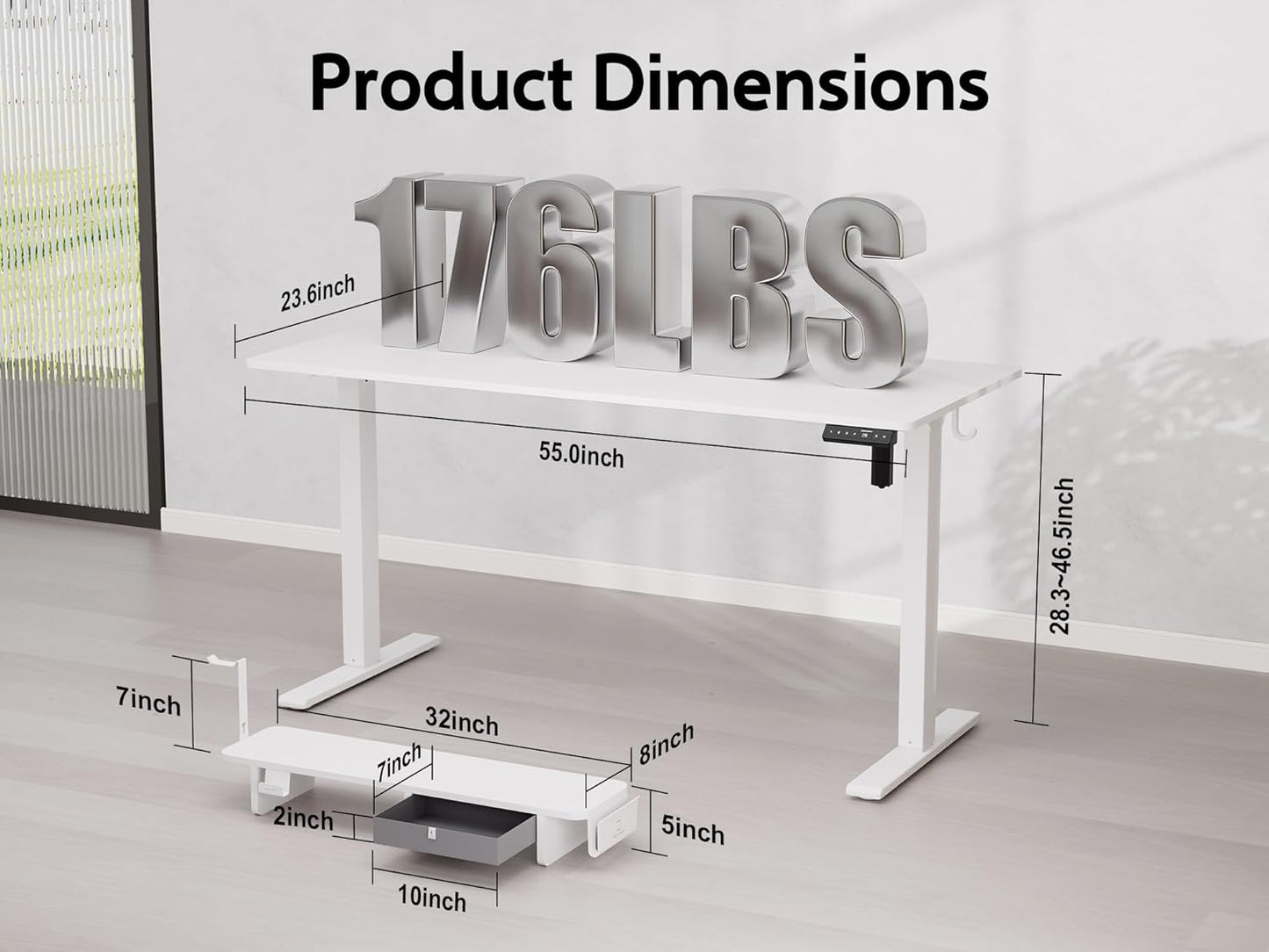 55x24 Inches Electric Standing Desk With Drawer and Monitor Stand, Height Adjustable for Home Office, Ergonomic Sit to Stand With Phone Holder, 3 Hooks, White
