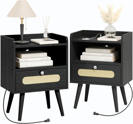 End Table Set of 2 with Charging Station, Diamond Décor Nightstands Set of 2, Bedside Table Set of 2 with Solid Wood Legs, Black