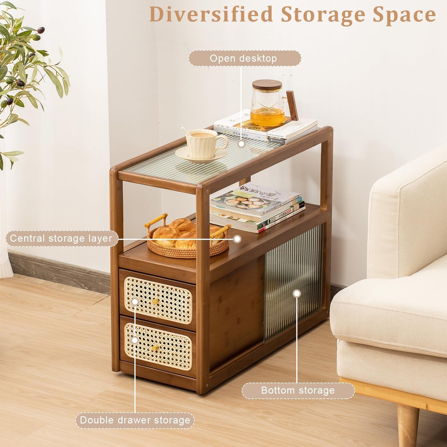 Bamboo Side Table Nightstand with Rattan Drawer & Glass Top – Multi-Function End Table, Nightstands with Storage for Bedroom, Living Room, and Small Spaces, Walnut