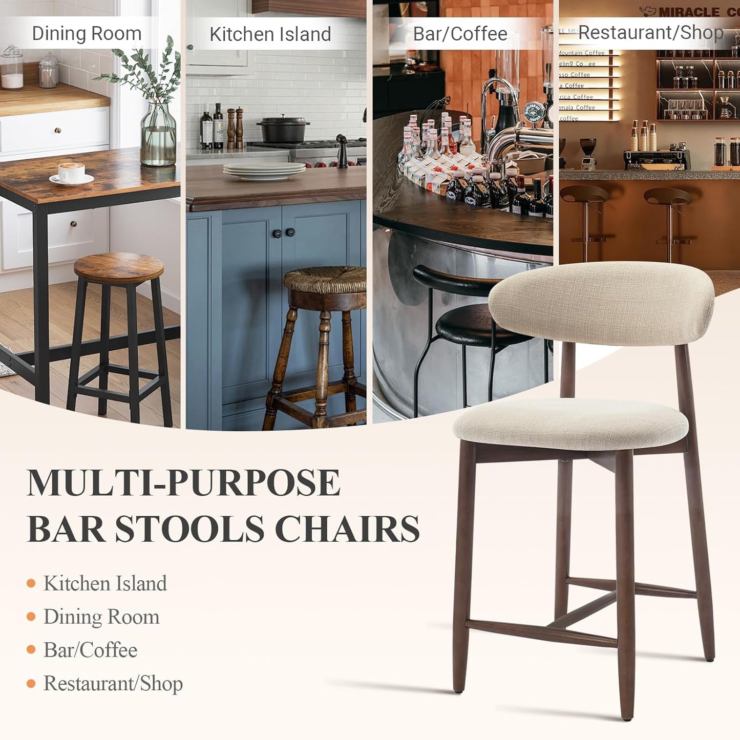 COLAMY Bar Stools with Back, Counter Height Bar Stools, Upholstered Counter Stools with Wood Legs for Kitchen Island Dining Room Bar, Beige