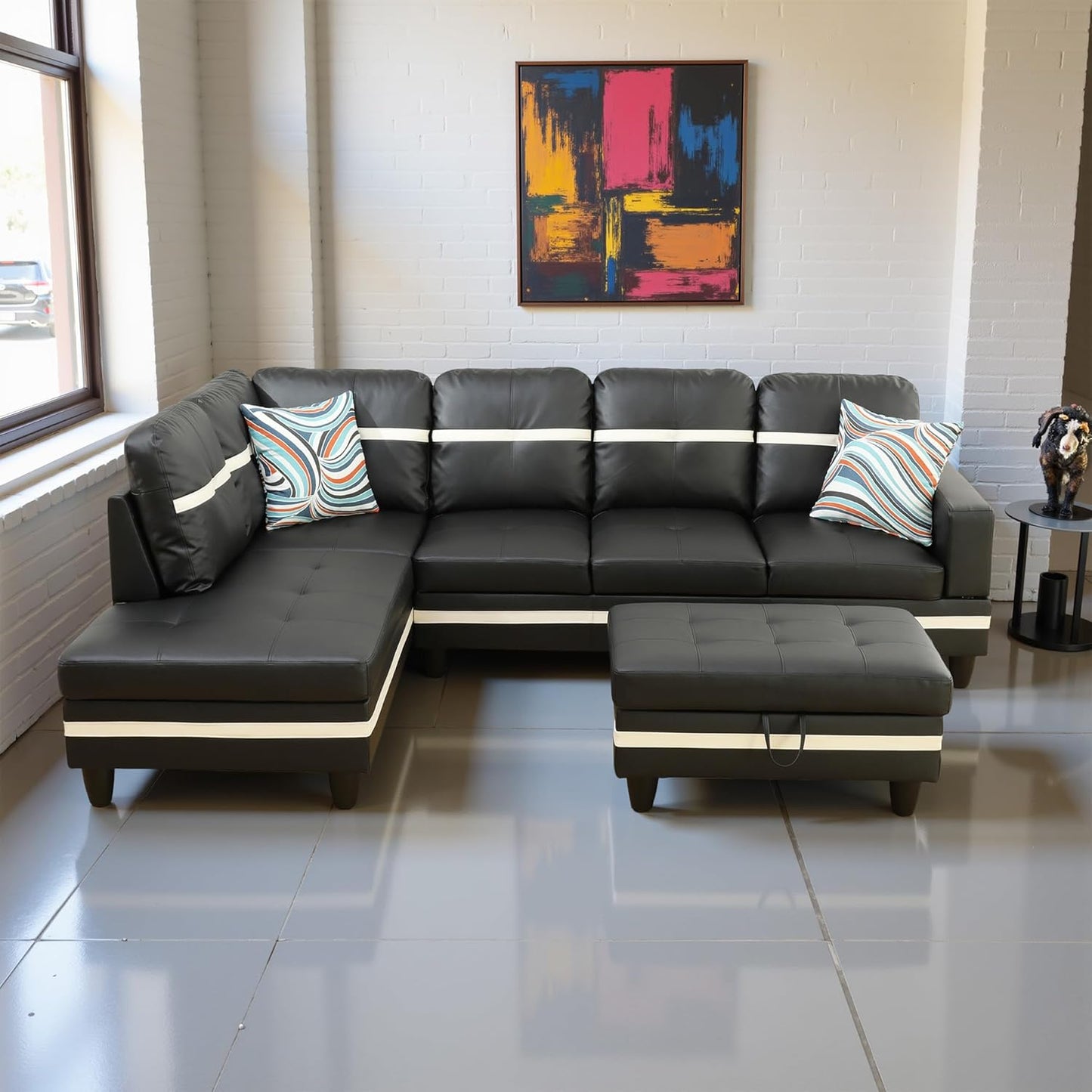 L Shaped Couch PU Leather Sectional Couch Upholstered 3 Pieces Sofas for Living Room with Chaise, Storage Ottoman for Office and Small Apartment, Black