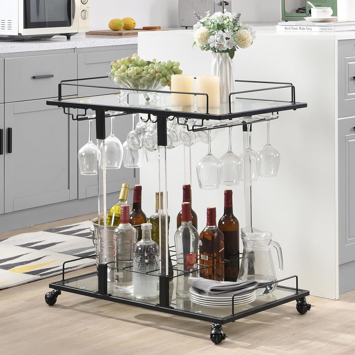Bar Cart for Home Bar Chrome Serving Cart with Wine Rack 2-Tier Acrylic Rolling Bar Carts on Wheels Clear Dessert Cart Lucite Bar Stand Glass Liquor Cart for Living Room Kitchen Club Black