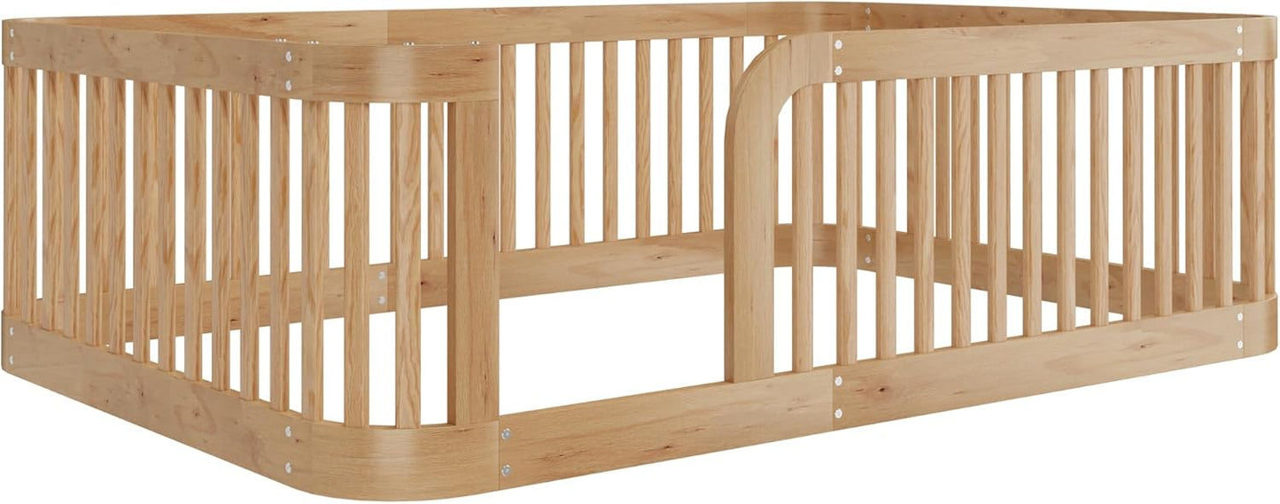 Full Floor Bed with High Fence and Rounded Corner Design, Montessori Floor Bed Frame with Guardrail and Entrance, Easy Assemble Montessori Beds Full Size, Natural