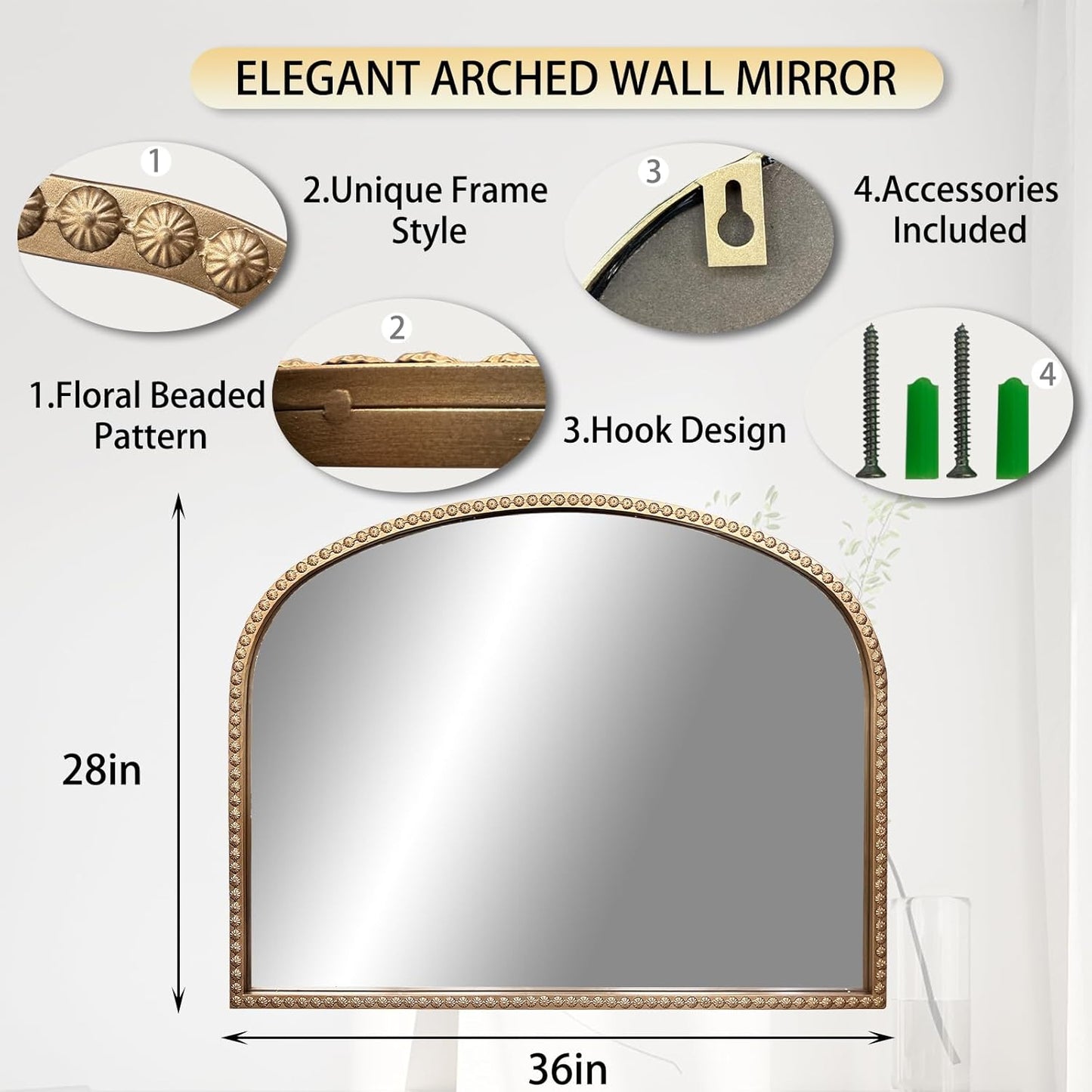 Gold Arch Mirror, 36"x28" Metal Beaded Frame Mirror, Ornate Decorative Accent Mirrors, Vintage Arched Mirrors for Vanity Bathroom Bedroom Entryway Living Room Fireplace