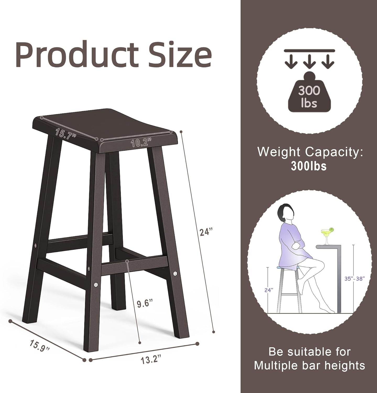 24" H Bar Stools Set of 2 - Classic Saddle Seat with Footrest, Resin Kitchen Counter Stool, Anti-Slip & Waterproof - Tall Barstools for Bar, Kitchen, Dining Room, Lounge - Black