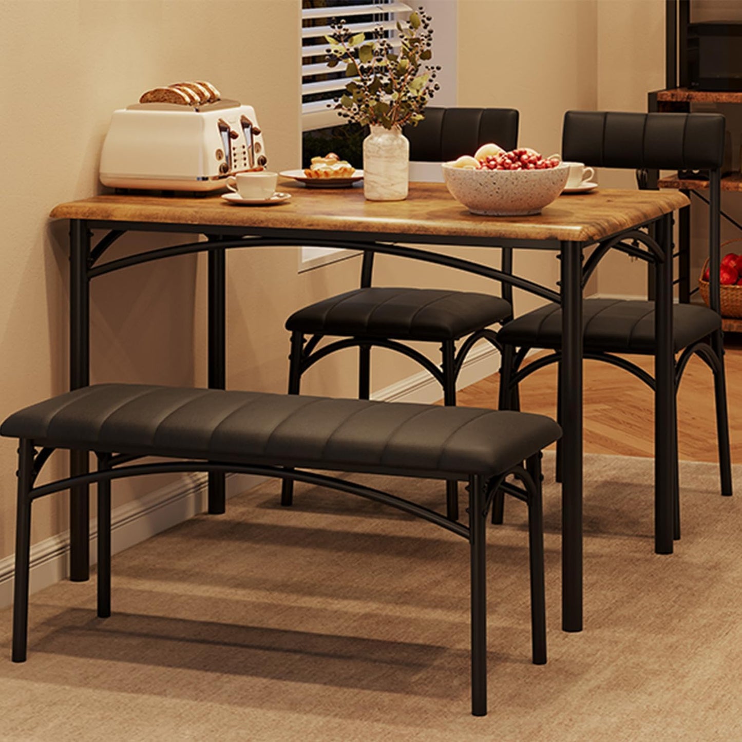 Dining Table Set for 4, Small Dining Table Set with Upholstered Bench and 2 Chairs, Kitchen Table and Chairs for 4, for Small Space, Apartment, Dinner, Rustic Brown