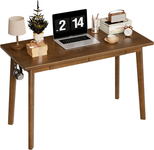 Solid Wood Desk with Drawers - 48 Inch Mid Century Modern Desk, Vintage Desks with 2 Hooks, Simple Writing Study Table, Mid Century Desks for Bedroom, Living Room & Office, Walnut Color