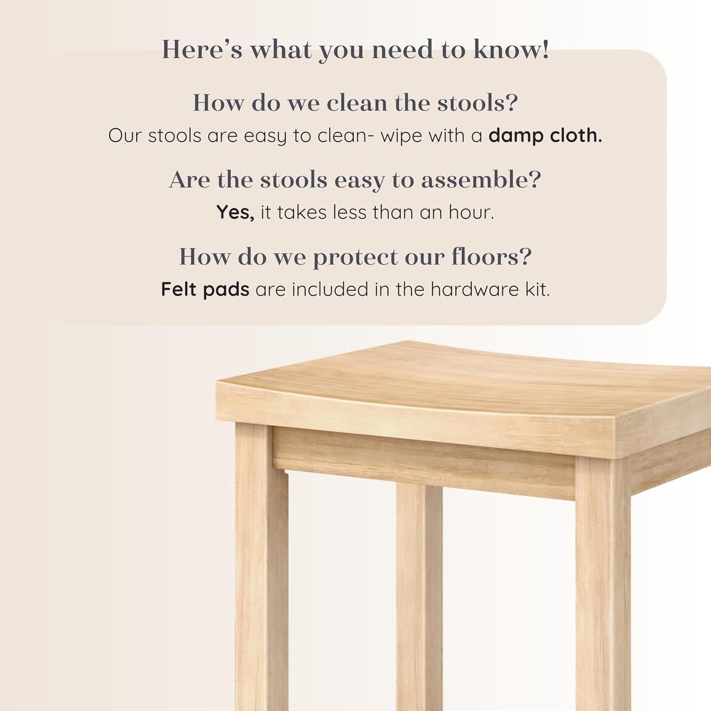 Grain & Grove Smith Collection Solid Wood Counter Height Bar Stool, 24-Inch Saddle Seat Backless Stool, Ideal for Kitchen Island, Dining, or Home Bar Seating, Blonde