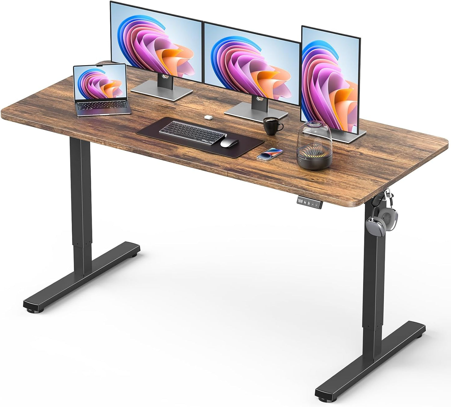 Standing Desk, Large Height Adjustable Electric Stand up Desk, 55 x 24 Inches Sit Stand Home Office Desk, with Splice Board, Black Frame/Rustic Brown Top